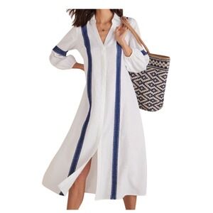 Soft Surroundings Ravenna Linen Shirt Dress White Blue Beach Cottage (Size 1X)